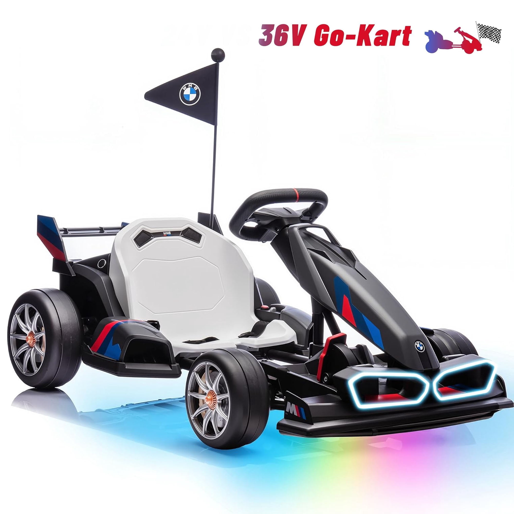 Licensed BMW Kids Electric Go Kart with Drift Mode, Dual 300W Motors, 36V Battery, Adjustable Seat & LED Lights, Akaber 2-Speed Drift Kart for Ages 6-12