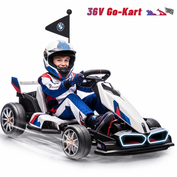 Licensed BMW Kids Electric Go Kart with Drift Mode, Dual 300W Motors, 36V Battery, Adjustable Seat & LED Lights, Akaber 2-Speed White Drift Kart for Ages 6-12