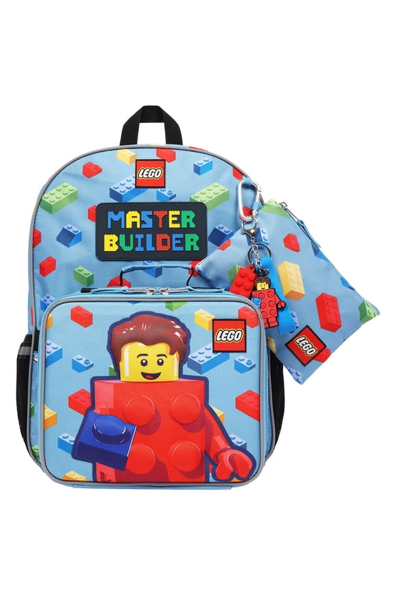 Boy's 17" "Master Builder" 4-Piece Backpack Set with Lunch Box, Pencil Pouch, & LEGO Keychain