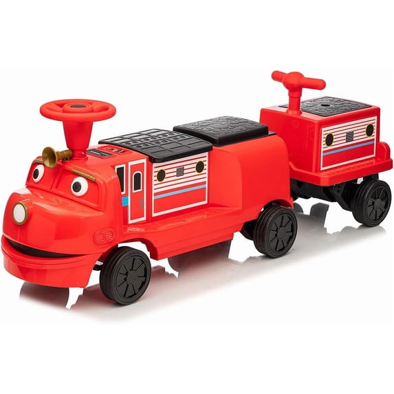 Licensed CHUGGINGTON 12V Trackless Ride-On Train with Locomotive & Carriage, Adjustable Seat Height, Built-In Storage, Headlight, Horn & One-Button Start, Red Wilson