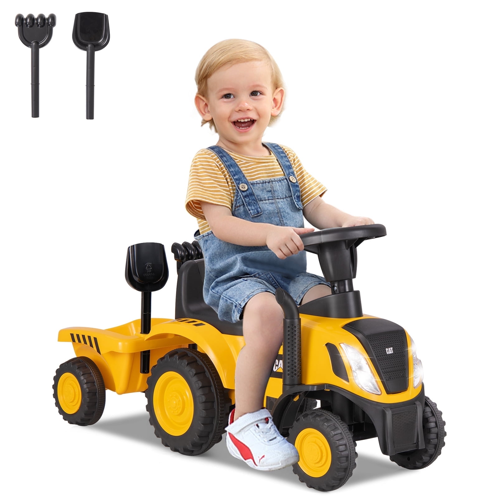 Licensed Caterpillar Ride on Tractor by OLAKIDS, Foot to Floor Sliding Truck with Detachable Trailer, Headlight, Horn, Rake, Shovel, Toy Walker Gift for Kids Toddler Age 1.5-3