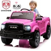 12V Ride On Cars with Remote Control, Licensed Dodge RAM 2500 Kids Electric Ride on Toy Truck with Music, MP3/USB Port, Cup Holder, Back Storage, Electric Cars for Kids Boys Girls 3-6 Ages, Pink