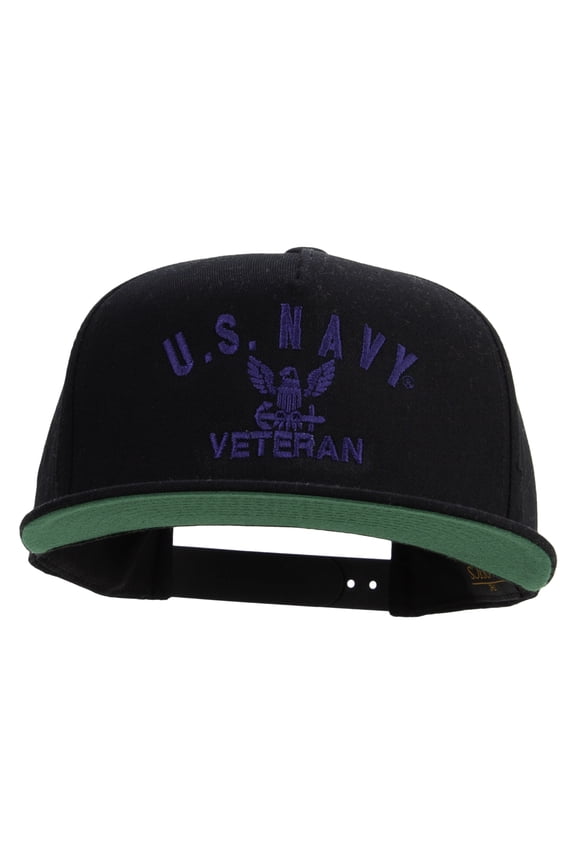 Eagle Navy Veteran Embroidered 5 Panel Flat Bill Twill Snapback Solid Cap - Black OSFM