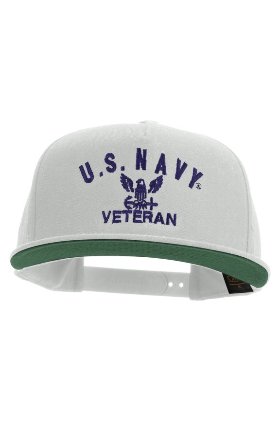 Eagle Navy Veteran Embroidered 5 Panel Flat Bill Twill Snapback Solid Cap - White OSFM