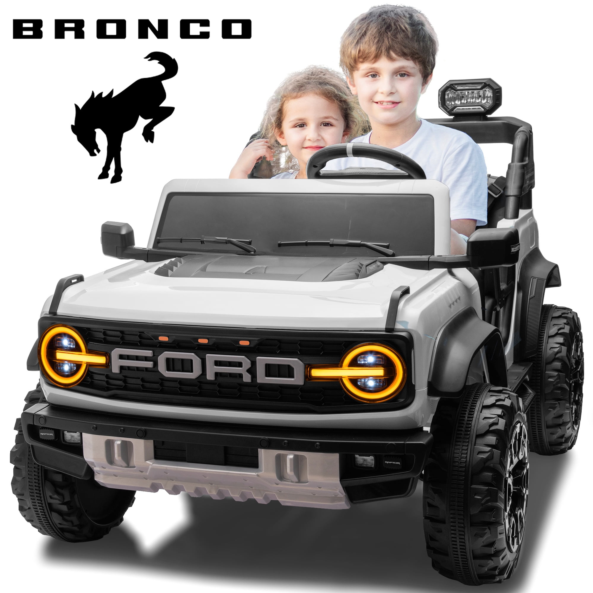 2 Seats 24V Electric Car for Big Kids, Licensed Ford Bronco Raptor Powered Ride On Car with 4 Wheels Spring Suspension, Parent Remote Control, 24V Ride On Toys for Ages 3-8 Boys Girls Gifts, White