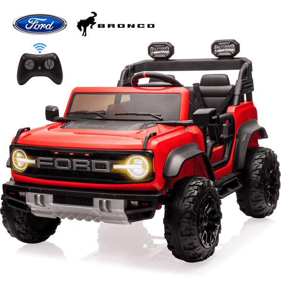 2 Seats 24V Electric Car for Big Kids, Licensed Ford Bronco Raptor Powered Ride On Car with 4 Wheels Spring Suspension, Parent Remote Control, 24V Ride On Toys for Ages 3-8 Boys Girls Gifts, Red