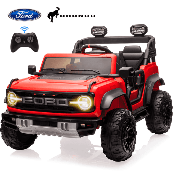 2 Seats 24V Electric Car for Big Kids, Licensed Ford Bronco Raptor Powered Ride On Car with 4 Wheels Spring Suspension, Parent Remote Control, 24V Ride On Toys for Ages 3-8 Boys Girls Gifts, Red
