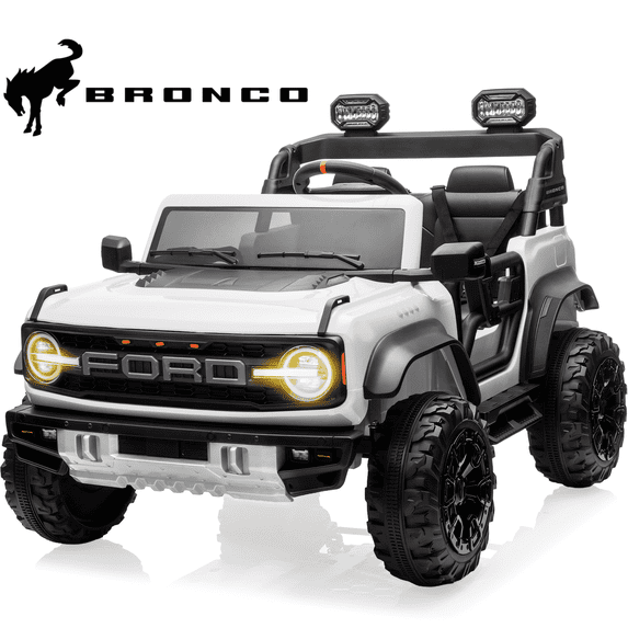 2 Seats 24V Electric Car for Big Kids, Licensed Ford Bronco Raptor Powered Ride On Car with 4 Wheels Spring Suspension, Parent Remote Control, 24V Ride On Toys for Ages 3-8 Boys Girls Gifts, White