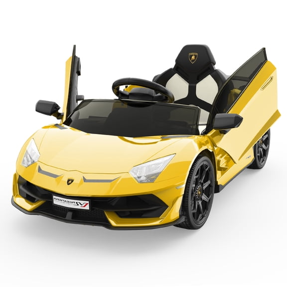 Licensed Lamborghini 12V Kids Electric Ride-On Car – Battery Powered Sports Car Toy with Remote Control, 2 Speeds, MP3 Player, Music, LED Headlights, Hydraulic Doors – For Toddlers & Kids – Yellow