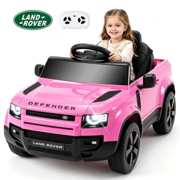 SaveJoy 12V Licensed Land Rover Defender Ride on Car, Electric Truck for Kids with 2.4G Remote Control, 3-Point Belt, Spring Suspension, Bluetooth, Pink