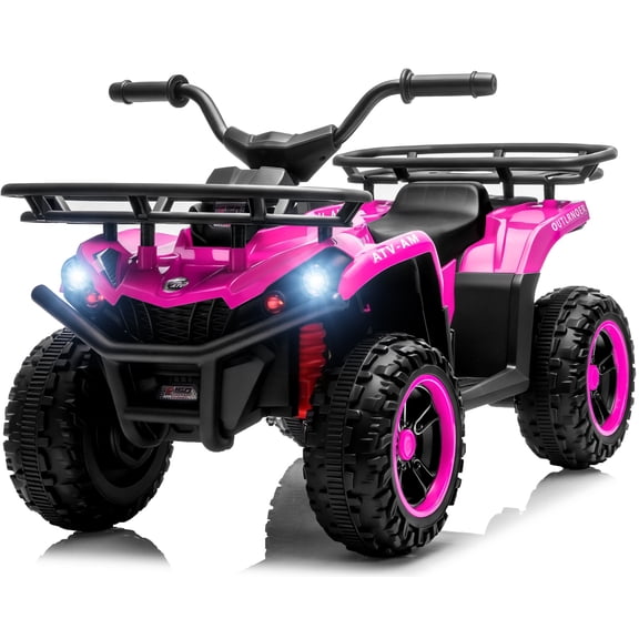 iRerts 24V Ride on ATV, Powered Ride on Toys for Kids Boys Girls Ages 3-5, Kids 4 Wheeler Electric Cars with Bluetooth, Music, LED Headlights, Front Rear Storage Racks, Crash Bars, Pink
