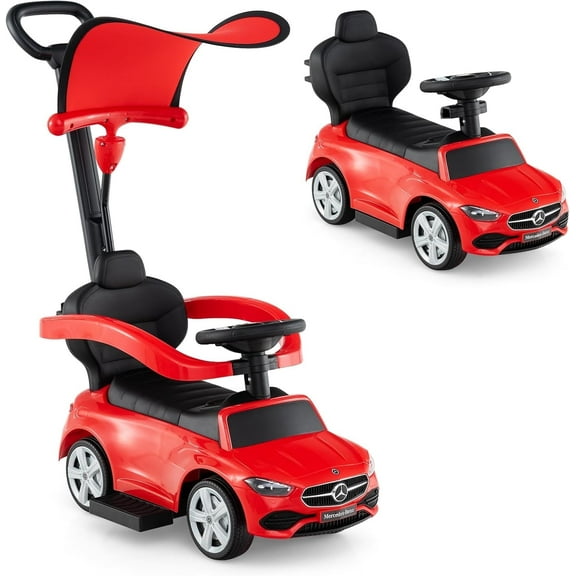 Licensed Mercedes Benz Push Car for Toddlers by OLAKIDS, 3 in 1 Baby Stroller Sliding Walking Car with Canopy, Parent Control Handle, Horn, Storage, Foot-to-Floor Ride on Toys for Boys Girls