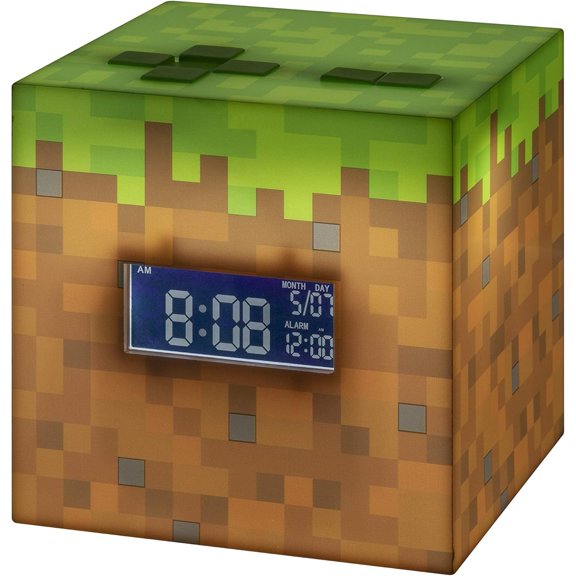 Licensed Minecraft Grass Block Digital Alarm Clock, Light Up Lamp Plays Official in Game Music, Bedroom Decor for Minecraft Gamers, Tweens and Kids - Minecraft Gift