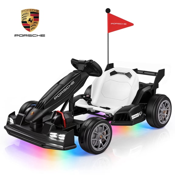 Licensed Porsche Go Kart, 24V Powered Electric Racing Go Kart with 400W Motor, Drift Mode, Adjustable Body, LED Lights, Speed 4-8MPH, Race Pedal Ride on Car Toy for Kids Age 6+, Black
