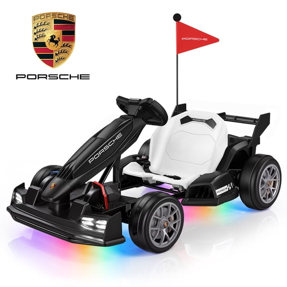 Licensed Porsche Go Kart, 24V Powered Electric Racing Go Kart with 400W Motor, Drift Mode, Adjustable Body, LED Lights, Speed 4-8MPH, Race Pedal Ride on Car Toy for Kids Age 6+, Black