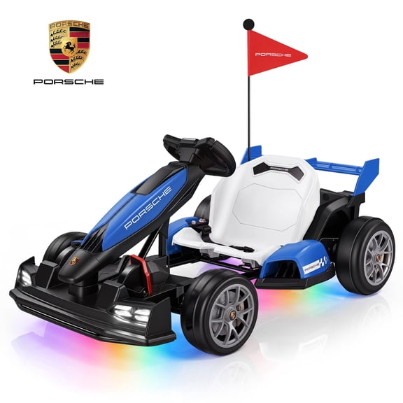 Licensed Porsche Electric Go Kart, 24V Powered Racing Go Kart with 400W Motor, Drift Mode, Adjustable Body, LED Lights, Speed 4-8MPH, Race Pedal Ride on Car Toy for Kids Age 6+, Blue