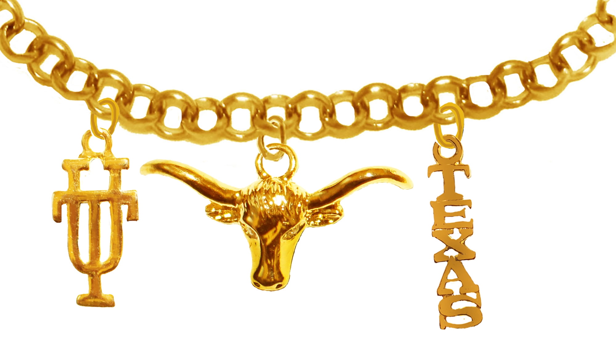 Licensed Texas, University Of Texas 14KT Goldtone Adjustable Bracelet. It Will Fit Everyone. Licensed Hologram ID Enclosed With Shipment. Stamped Marking In Metal On The Backside Of The Charm.©2003