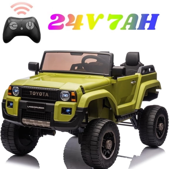 Licensed Toyota Land Cruiser 24V Ride-On Car for Kids – 2 Seater Electric Truck with Remote Control, 2WD/8WD Switchable Ride on Toys with Bluetooth, Music, LED Lights, Green