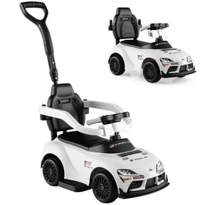Licensed Toyota Ride on Push Car for Toddlers by OLAKIDS, 3 in 1 Walking Sliding Toy with Removable Guardrails and Handle, Music, Under Seat Storage for Kid