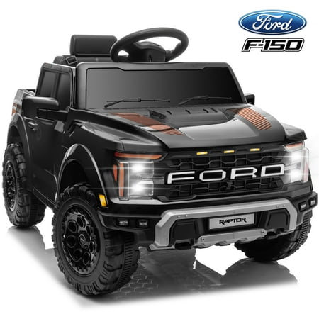 12V Ride on Cars with Remote Control, Licensed Ford F 150 Raptor Powered Ride on Toys with Bluetooth, Radio, LED Light, 4 Wheels Suspension, Kids Cars Electric Vehicles for Boys Girls Ages 3-6, Black