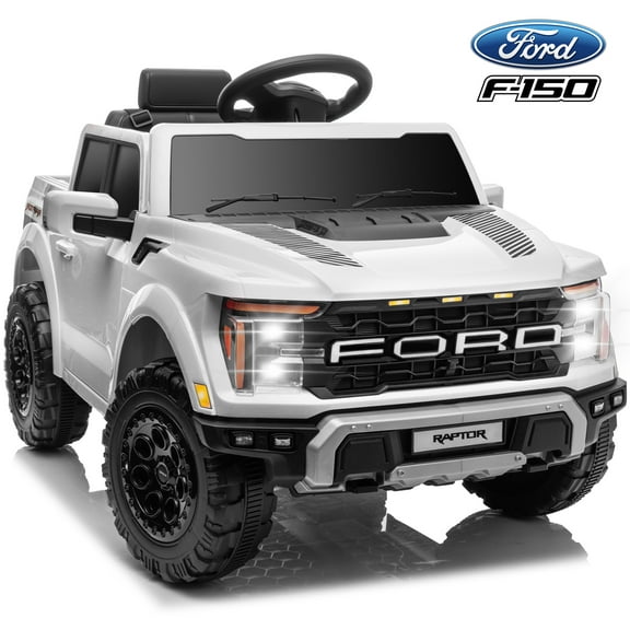 12V Ride on Cars with Remote Control, Licensed Ford F 150 Raptor Powered Ride on Toys with Bluetooth, Radio, LED Light, 4 Wheels Suspension, Kids Cars Electric Vehicles for Boys Girls Ages 3-6, White