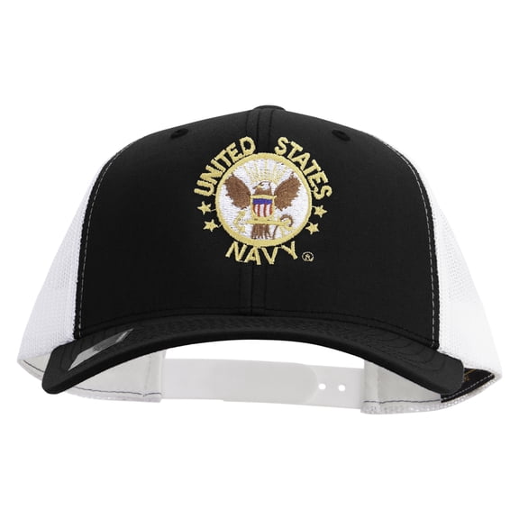 US Navy Circle Emblem Embroidered Contrast Trucker Cap - Black White OSFM