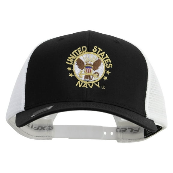 US Navy Circle Emblem Embroidered Flexfit 2 Tone Mesh Cap - Black White OSFM