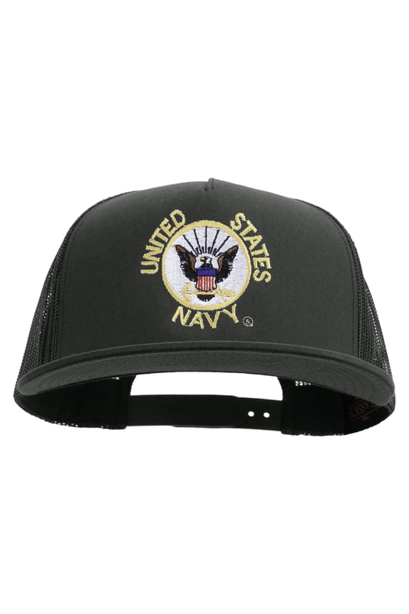 US Navy Circle Logo Embroidered 5 Panel Mesh Trucker Snapback Cap - Charcoal OSFM