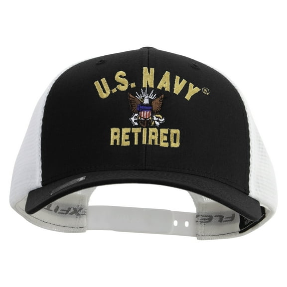 US Navy Retired Embroidered Flexfit 2 Tone Mesh Cap - Black White OSFM