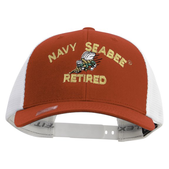 US Navy Seabee Retired Embroidered Flexfit 2 Tone Mesh Cap - Red White OSFM