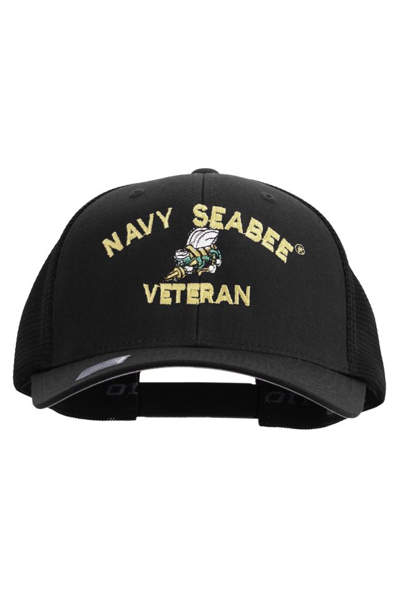 US Navy Seabee Veteran Embroidered Flexfit Mesh Trucker Cap - Black OSFM