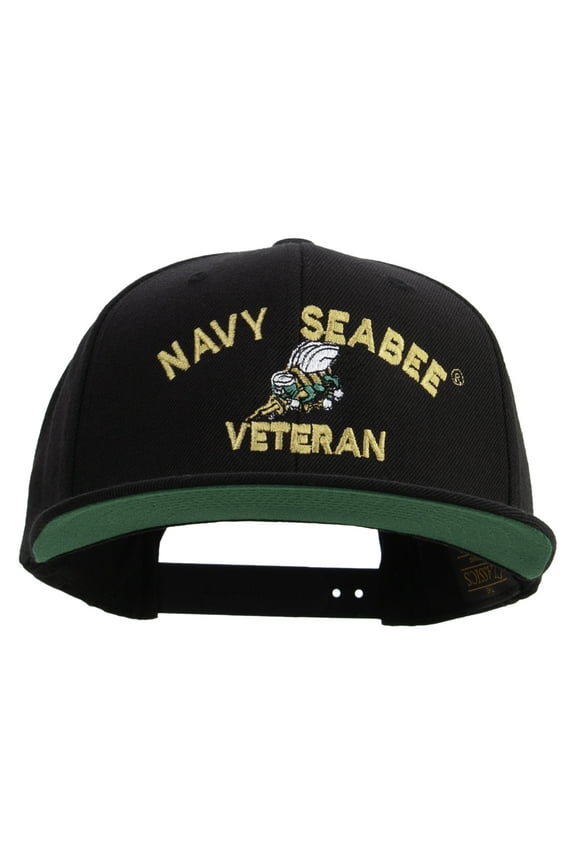 US Navy Seabee Veteran Embroidered Wool Blend Prostyle Snapback Cap - Black OSFM