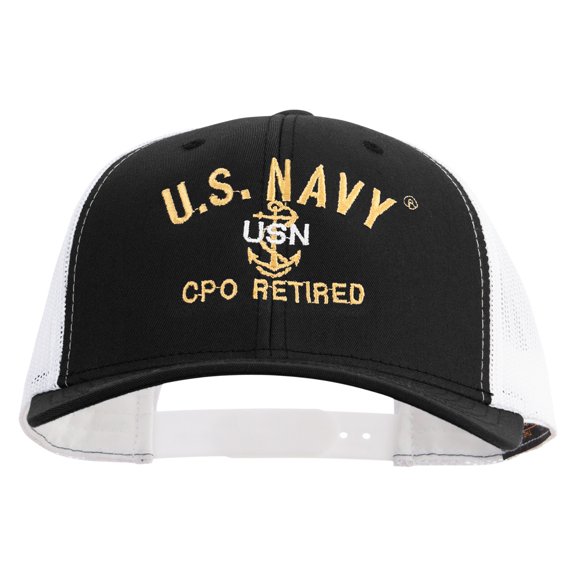 US Navy USN CPO Retired Embroidered Contrast Trucker Cap - Black White OSFM
