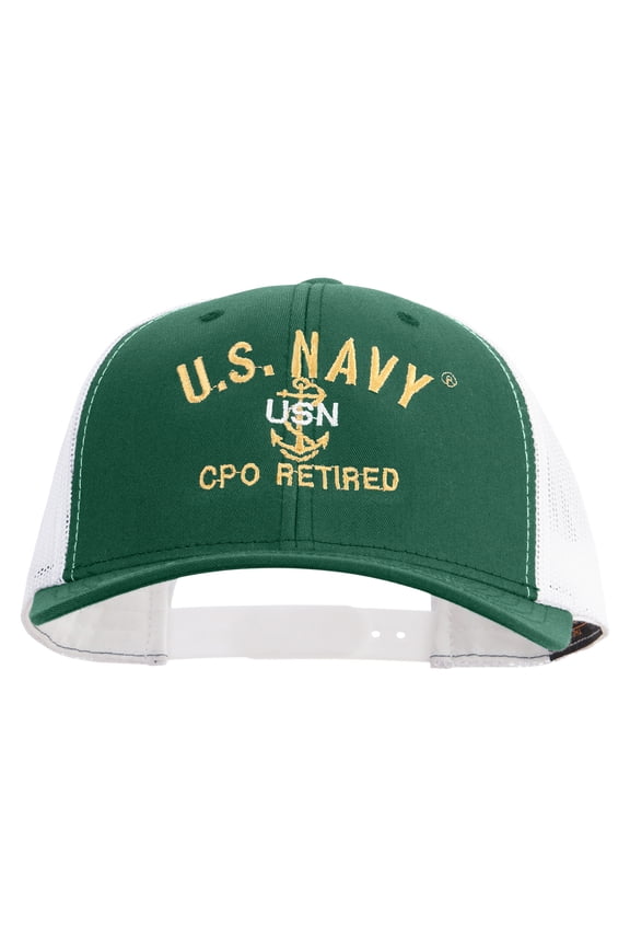 US Navy USN CPO Retired Embroidered Contrast Trucker Cap - Evergreen White OSFM