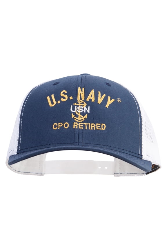 US Navy USN CPO Retired Embroidered Contrast Trucker Cap - Navy White OSFM