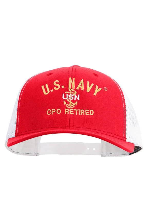 US Navy USN CPO Retired Embroidered Contrast Trucker Cap - Red White OSFM