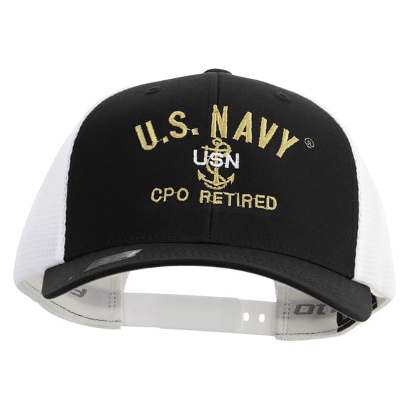 US Navy USN CPO Retired Embroidered Flexfit 2 Tone Mesh Cap - Black White OSFM