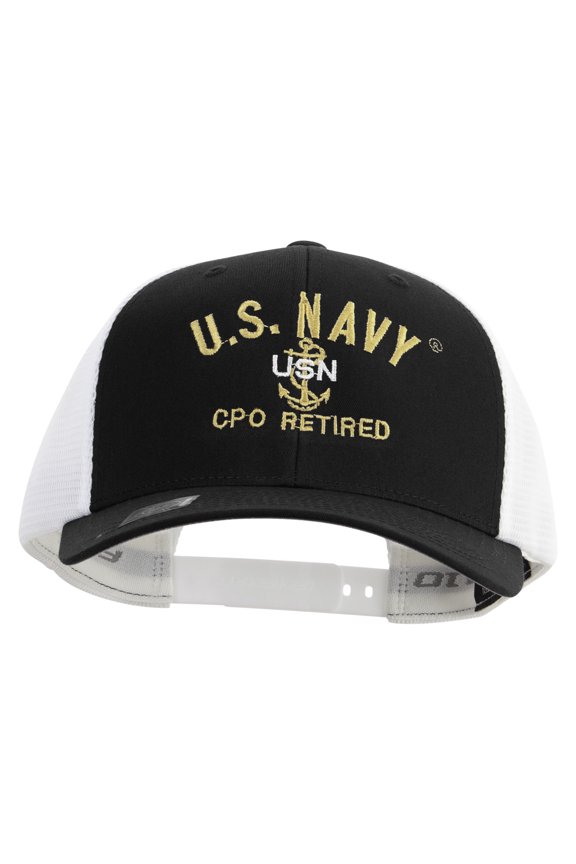 US Navy USN CPO Retired Embroidered Flexfit 2 Tone Mesh Cap - Black White OSFM