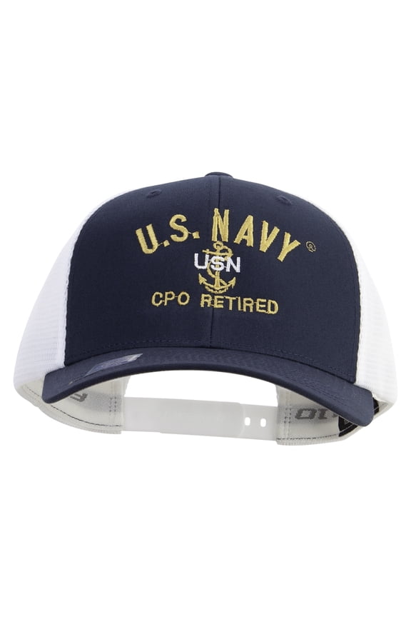 US Navy USN CPO Retired Embroidered Flexfit 2 Tone Mesh Cap - Navy White OSFM