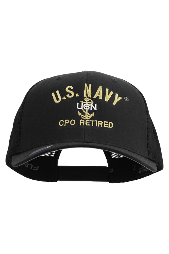 US Navy USN CPO Retired Embroidered Flexfit Mesh Trucker Cap - Black OSFM