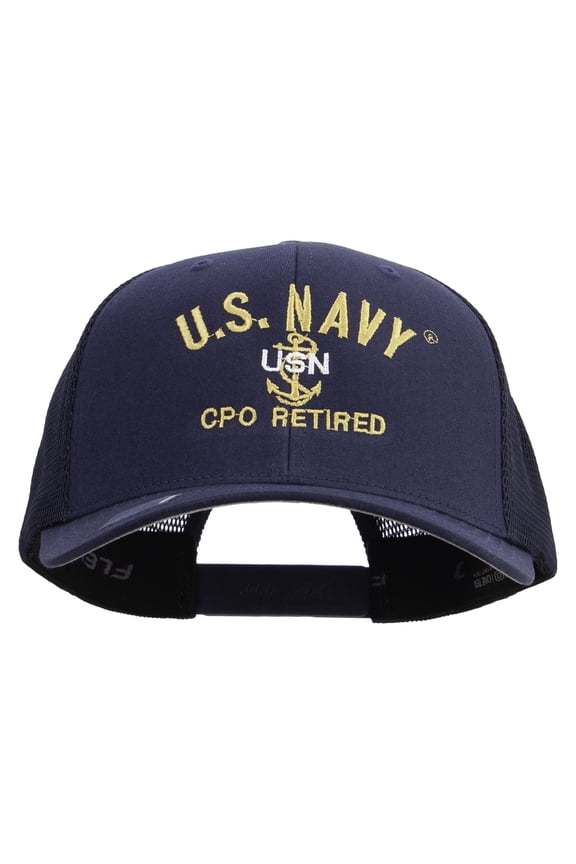 US Navy USN CPO Retired Embroidered Flexfit Mesh Trucker Cap - Navy OSFM