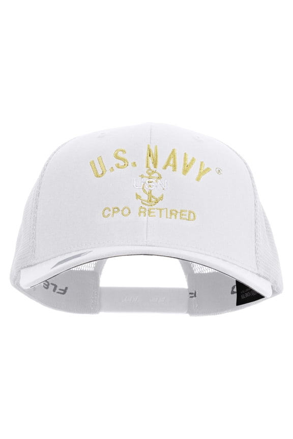 US Navy USN CPO Retired Embroidered Flexfit Mesh Trucker Cap - White OSFM