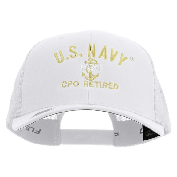 US Navy USN CPO Retired Embroidered Flexfit Mesh Trucker Cap - White OSFM