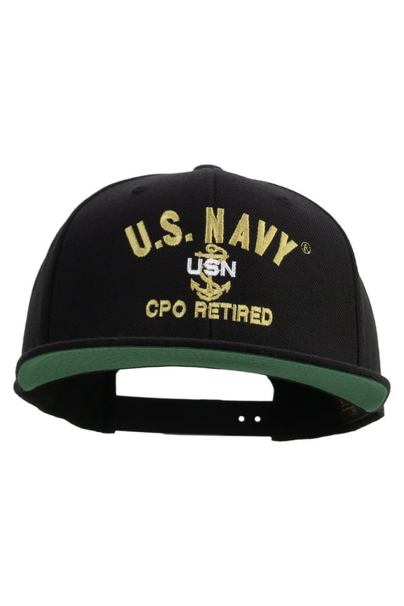 US Navy USN CPO Retired Embroidered Wool Blend Prostyle Snapback Cap - Black OSFM
