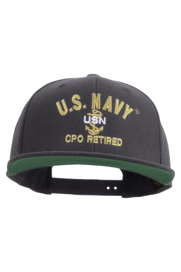 US Navy USN CPO Retired Embroidered Wool Blend Prostyle Snapback Cap - Dk Grey OSFM