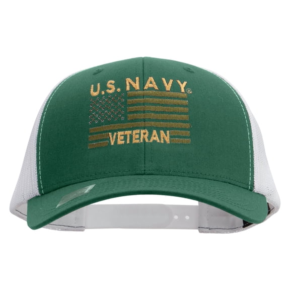 US Navy Veteran Flag Embroidered Contrast Trucker Cap - Evergreen White OSFM