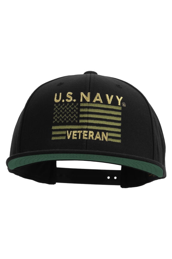 US Navy Veteran Flag Embroidered Wool Blend Prostyle Snapback Cap - Black OSFM