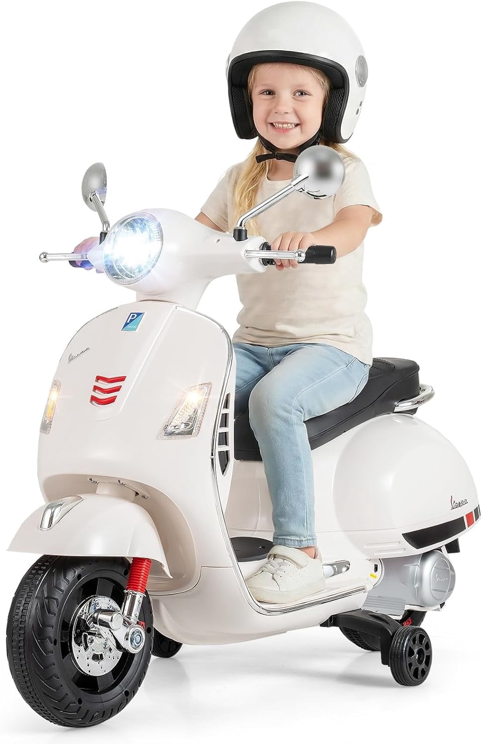 Licensed Vespa 12V Kids Motorcycle by OLAKIDS with Training Wheels, Music, Story, Horn, Lights for 3-6 Years