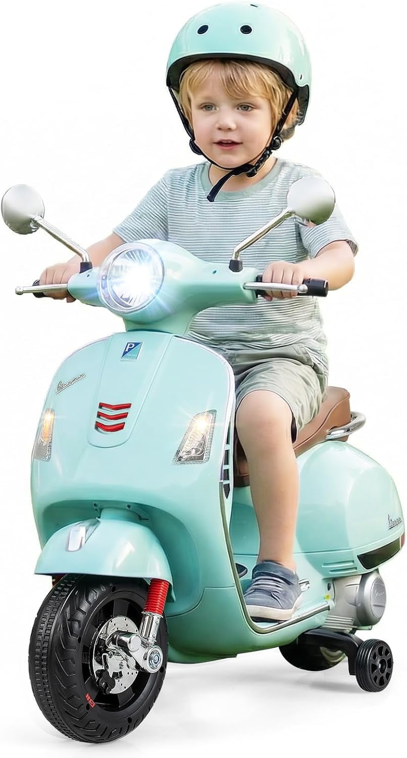 Licensed Vespa 12V Kids Motorcycle by OLAKIDS with Training Wheels, Music, Story, Horn, Lights for 3-6 Years