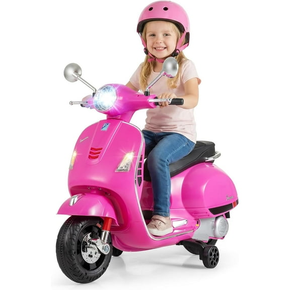 Licensed Vespa 12V Kids Motorcycle by OLAKIDS with Training Wheels, Music, Story, Horn, Lights for 3-6 Years